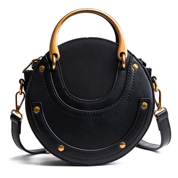 Black Leather Circle Bag - Crossbody Small Leather Bag - Round Shoulder Bag - Picture 3 of 9